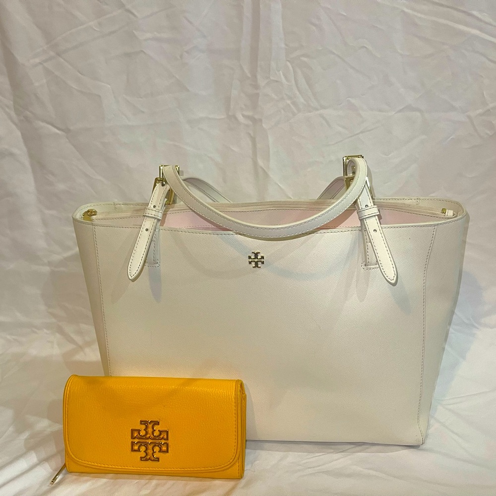 Cream Tory Burch Tote with Canary Yellow Pebble Leather Wallet